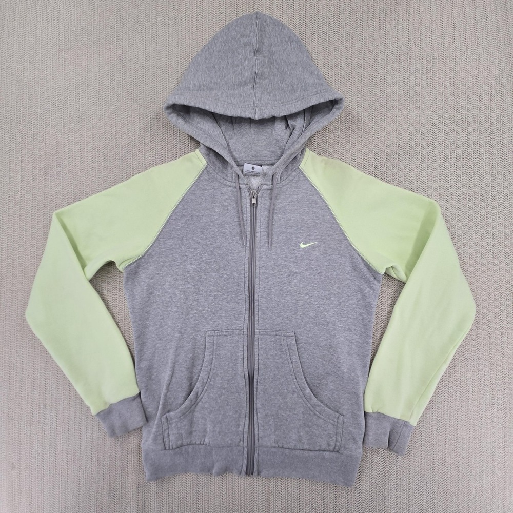 Nike Hoodie Womens Small Gray Green Colorblock Fleece Full Zip Swoosh Raglan